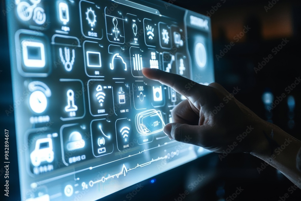 Poster a smart home system on a touch screen ,a hand reaching towards a touchscreen displaying icons, symbo