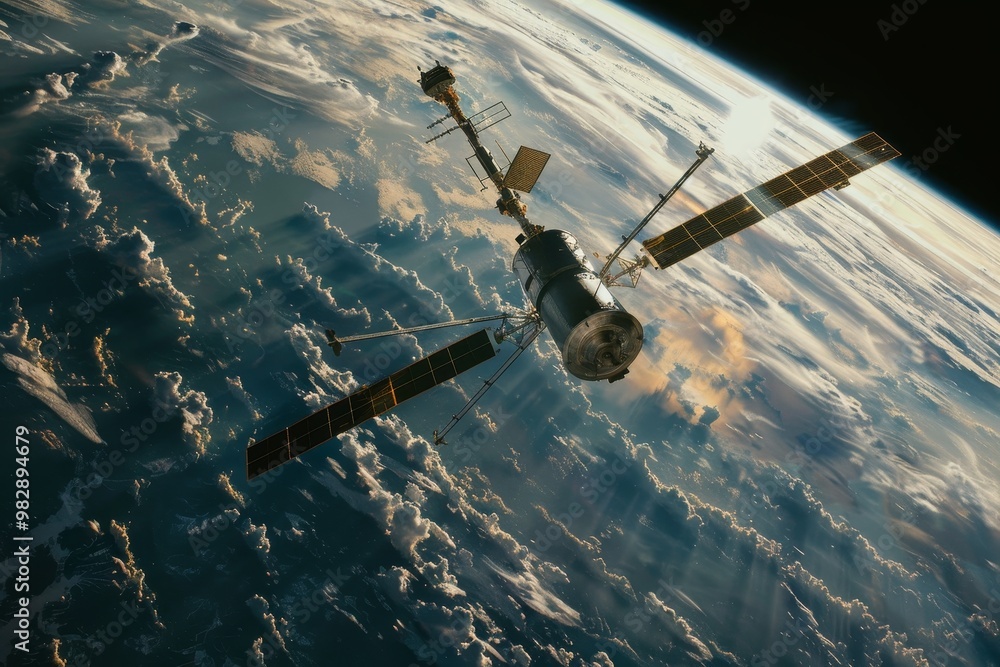 Poster a satellite in space with earth in the background ,a rendered image of a satellite in outer space, c
