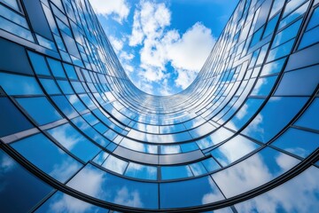 Modern building with curved glass facade reflecting sky