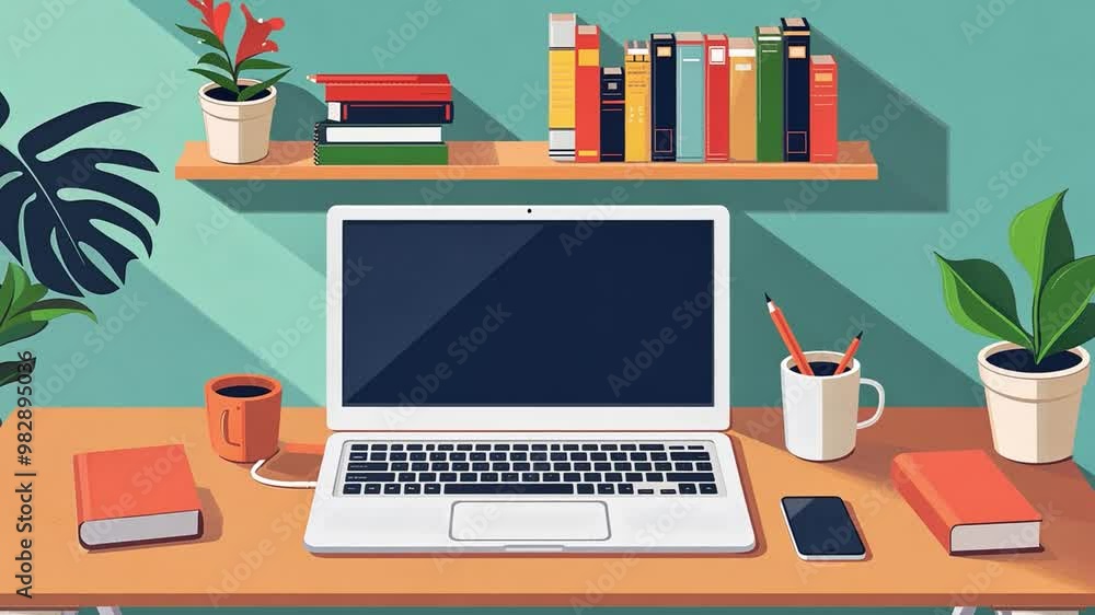 Aufkleber the workspace displays a laptop on a wooden desk surrounded by books, plants, and stationery, creati