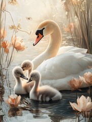 Obraz premium Graceful Elegance on Water. A Serene Portrait of Swan and Cygnets Amidst Blooming Roses.