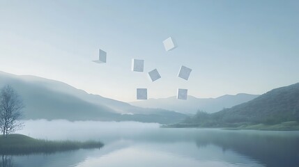 Serene Minimalist Landscape with Floating Lucky Numbers | Clean Space Concept Design
