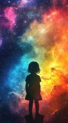 Craft a childs shadow amidst a colorful galaxy backdrop, showcasing infinite potential with photorealistic details