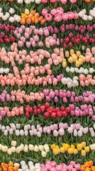 A stunning display of peonies and tulips showcases vibrant colors and intricate details, set against rich green foliage in a lush garden arrangement SEAMLESS PATTERN