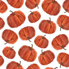 Watercolor pumpkin autumn 2024 seamless pattern For Halloween decoration wallpaper wrapping paper Cozy hand drawn endless print Kitchen design Repeating ornament Harvest festival Ripe gourd Vegetable
