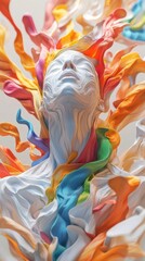 Craft a high-angle view of a surreal figure morphing from vibrant colors and dynamic abstract shapes, embodying a fluid stream of creativity in vivid CG 3D