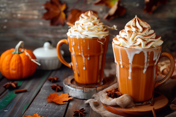 Pumpkin spice latte with whipped cream and cinnamon in a glass.