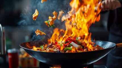 Dramatic action shot of a wok stir-frying vegetables and chicken with high flames rising, in a professional kitchen setting.