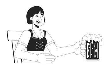 Happy asian woman enjoying craft beer black and white 2D line character. Positive korean female tourist celebrating oktoberfest isolated vector outline person. Monochromatic spot illustration