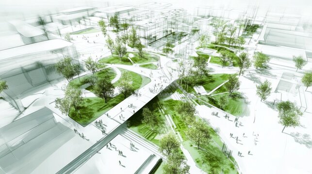 Urban planning sketch showcasing sustainable design principles.