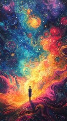 Craft a tilted perspective of an otherworldly figure strolling through a landscape filled with bright