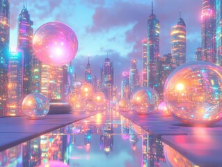 Obraz premium Create a fantastical scene with shimmering orbs in a vibrant, futuristic city, reflecting boundless urban creativity through digital art