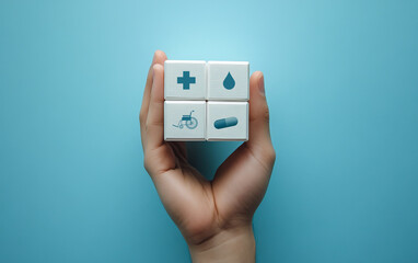Health elements concept on cubes.White cubes with various medical symbols held in the palm of a hand against a blue background.Health coverage concept