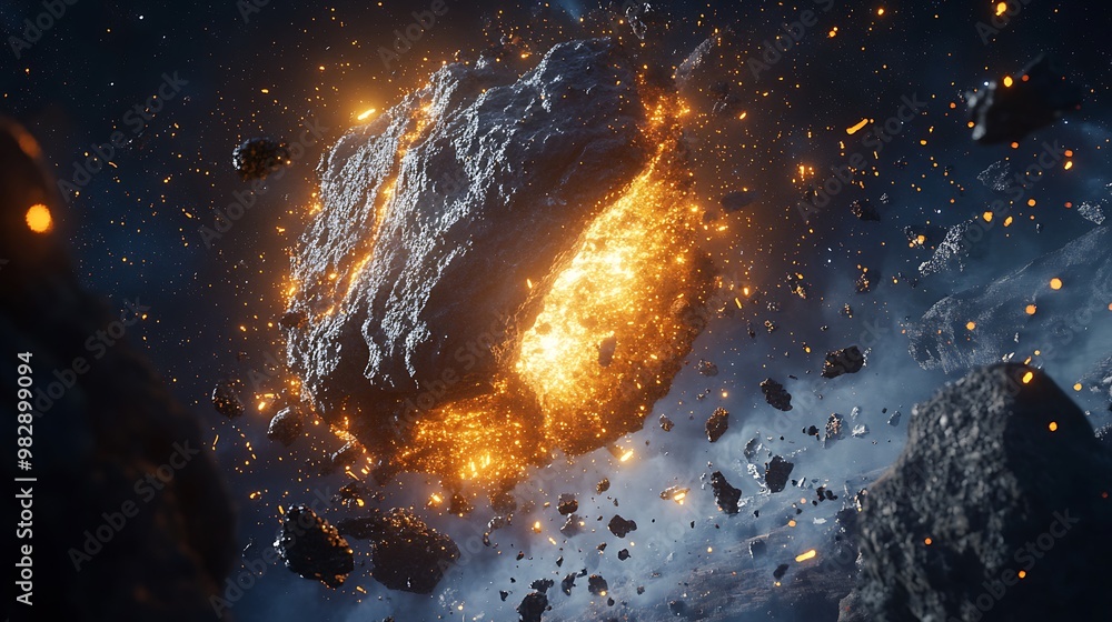 Poster devastating meteor impact: dynamic 3d render of impact site with debris and glowing effects