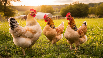 Chickens Roaming on Grass with Farmhouse in Distance
