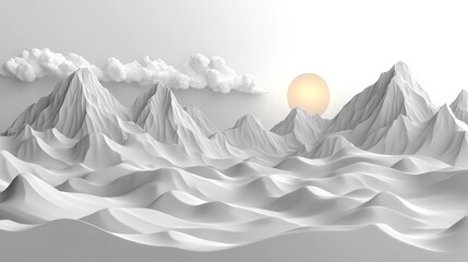 A serene landscape featuring abstract mountains and a soft sun, creating a tranquil atmosphere in shades of gray and white.