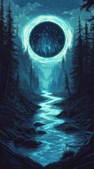 Obraz premium Illustrate a mysterious portal in the center of a neon river