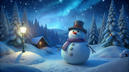 Fototapeta premium Snowman made of snow with simple black hat and scarf
