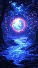 Illustrate a mysterious portal in the center of a neon river