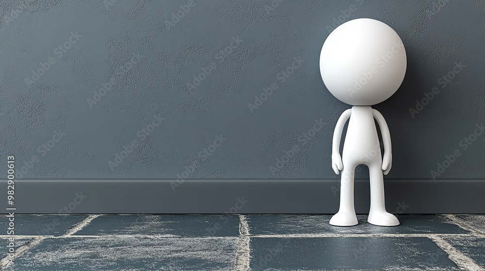 Poster a simple 3d character stands alone against a dark wall, conveying a sense of solitude and reflection