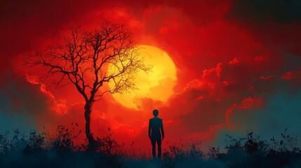 A solitary figure stands under a vibrant sunset, surrounded by a dramatic sky and a silhouetted tree, evoking mystery and reflection.