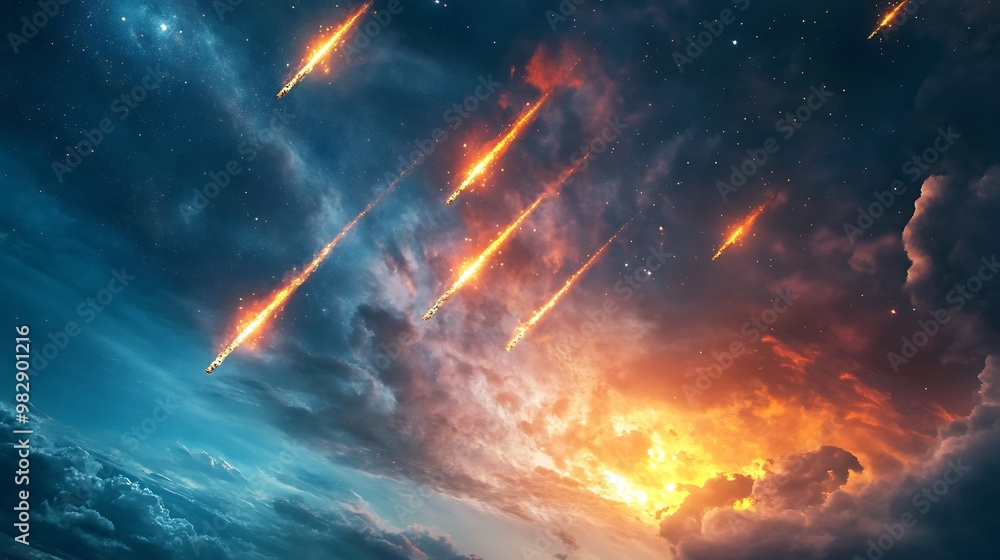Poster fiery meteor fragments exploding across night sky - astounding astronomical phenomenon captured in c