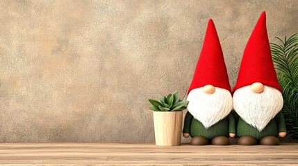 Fototapeta premium A pair of garden gnomes with red hats and white beards, standing next to a small potted plant on a wooden surface, set against a neutral textured wall with a cozy, rustic feel.