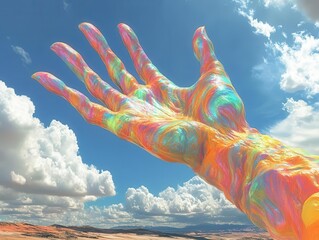 In striking digital art, visualize a giant, vibrant hand reaching down from a surreal sky, showcasing creativitys influential force
