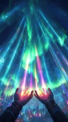 Fototapeta premium Incorporate a birds-eye view perspective in a digital 3D illustration of hands holding vibrant light beams, set against a backdrop of glowing auroras in the sky