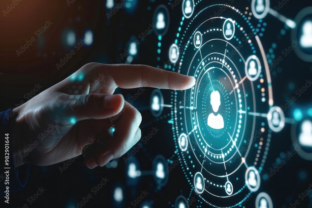 Poster abstract representation of digital connectivity with a hand pointing at a glowing user icon amidst n