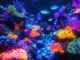 Fototapeta premium Incorporate a panoramic view of a surreal underwater scene with glowing, multicolored coral and neon fish The scene should transport the viewer to an imaginative ocean world