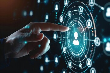 Abstract representation of digital connectivity with a hand pointing at a glowing user icon amidst network graphics