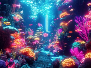Fototapeta premium Incorporate a panoramic view of a surreal underwater scene with glowing, multicolored coral and neon fish The scene should transport the viewer to an imaginative ocean world