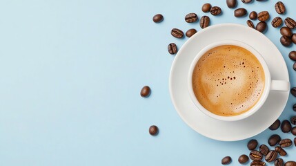 Fototapeta premium Top view of a cup of coffee with coffee beans scattered on a light blue background. Perfect for breakfast and coffee concepts.