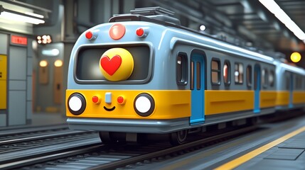 Fototapeta premium A cheerful train with a smiling face, ideal for conveying happiness and fun in urban transportation settings.