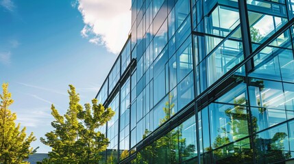 Modern building in aluminum siding and flat angled roofline and front windows.
