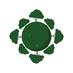 Eco-friendly Go Green icon - green pin with plant leaves and message inside. Vector illustration of go green earth surrounded by trees