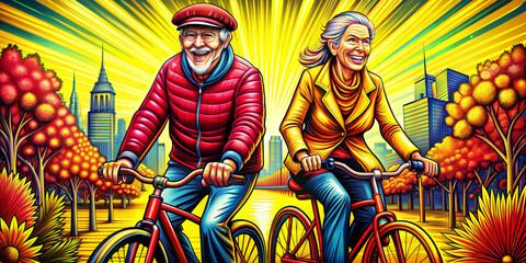happy elderly couple enjoying bike ride on sunny  day