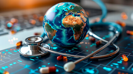 Globe with stethoscope and capsules on a tech background.Conceptual image featuring a globe surrounded by a stethoscope and capsules, symbolizing global health access