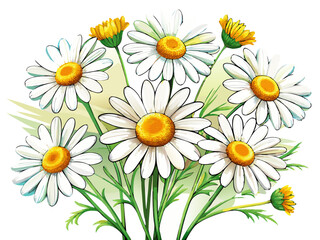 Fototapeta premium Stunning White Daisy Illustration with Yellow Center and Lush Green Leaves - Perfect for Floral Designs and Botanical Themes, Daisy Vector Illustration