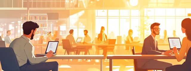 A bustling office scene with people working on laptops and smartphones, depicted in an animated style
