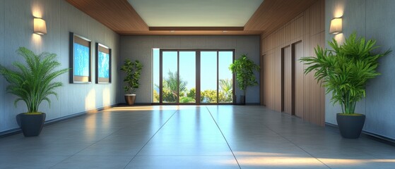 Fototapeta premium Modern foyer with greenery and natural light