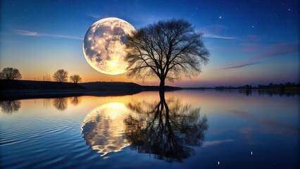 Full beaver moon reflecting on river with silhouette tree and night sky