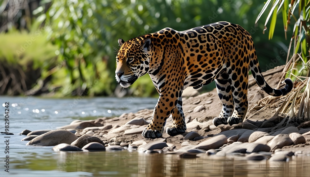 Wall mural Jaguar gracefully traversing the river bank amidst lush vegetation