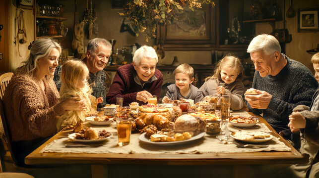 Relish the warmth of a European family gathering filled with laughter, stories, and delightful traditional dishes around a rustic table in a cozy setting