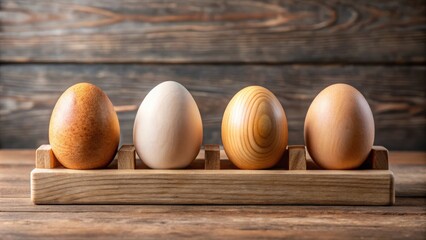 Wooden eggs on display celebrating World Egg Day, concept of sustainability and eco-friendly practices