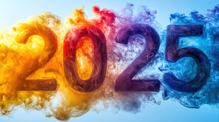 The new year is 2025. New Year's Eve celebration. The numbers 2025 are created from colored flowing smoke on a blue background, close-up. The concept of a Happy New Year, Christmas, holiday season.