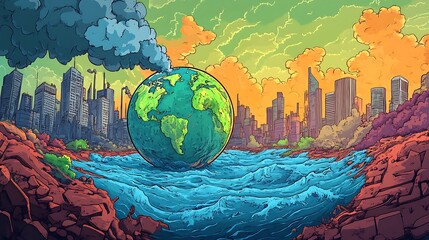 Cartoon Earth Overshoot Day Illustration with Exaggerated Pollution and Resource Depletion | Colorful and Engaging Eco Concept Artwork