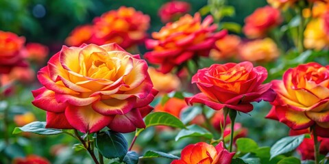 Vibrant red and yellow Rosa GartenSpass Kordes 2001 floribunda roses in full bloom in a garden setting