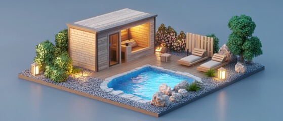 Modern Backyard Pool with Cozy Cabin and Lounge Area